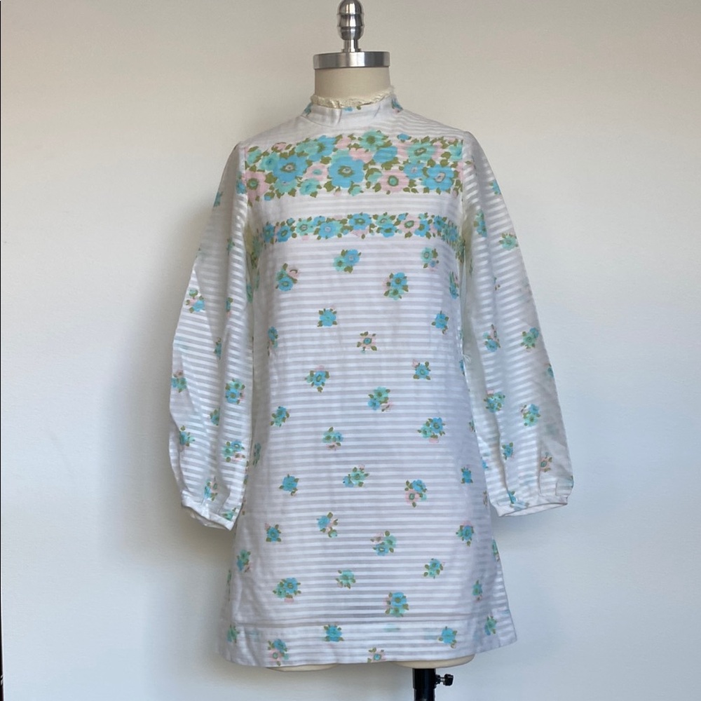 Handmade Vintage Long Sleeve Mini Floral and Striped Shift Dress 1960s